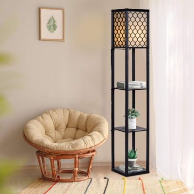 Lampadaire avec Tablettes de Rangement a 3 Niveaux Lampe sur Pied Abat jour Tissu Ampoule E27 60W NON Inclue avec grille