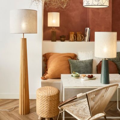 Lampadaire Cesar pied en bois et abat-jour effet lin 15W IP20 H.167 x Ø44 cm Corep
