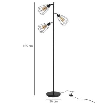 Lampadaire design industriel 3 ampoules max. 40 W abat-jour cage métal noir