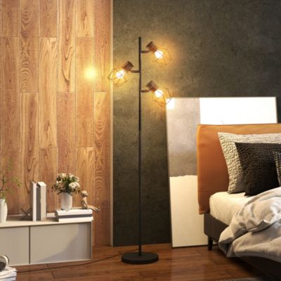 Lampadaire design industriel 3 ampoules max. 40W H.169 cm abat-jour cage métal noir