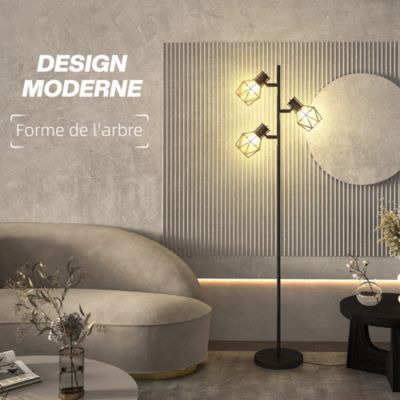 Lampadaire design industriel 3 ampoules max. 40W H.169 cm abat-jour cage métal noir