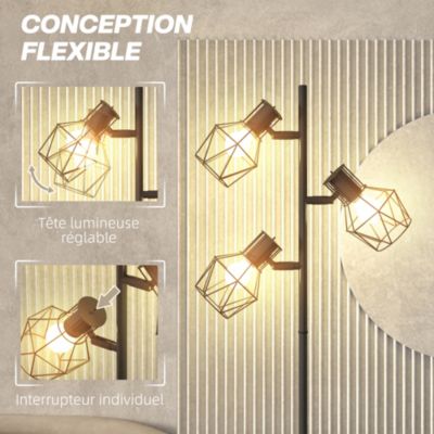 Lampadaire design industriel 3 ampoules max. 40W H.169 cm abat-jour cage métal noir
