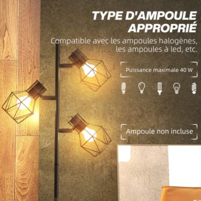Lampadaire design industriel 3 ampoules max. 40W H.169 cm abat-jour cage métal noir