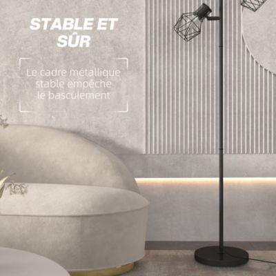 Lampadaire design industriel 3 ampoules max. 40W H.169 cm abat-jour cage métal noir