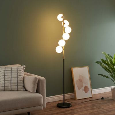 Lampadaire design noir et laiton sphères blanches - Sierra