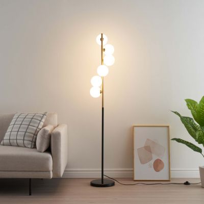 Lampadaire design noir et laiton sphères blanches - Sierra