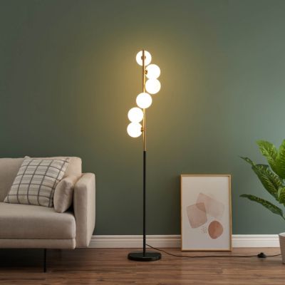 Lampadaire design noir et laiton sphères blanches - Sierra
