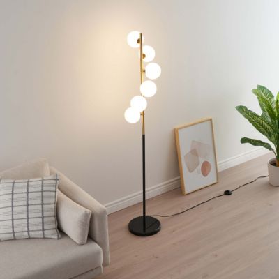 Lampadaire design noir et laiton sphères blanches - Sierra