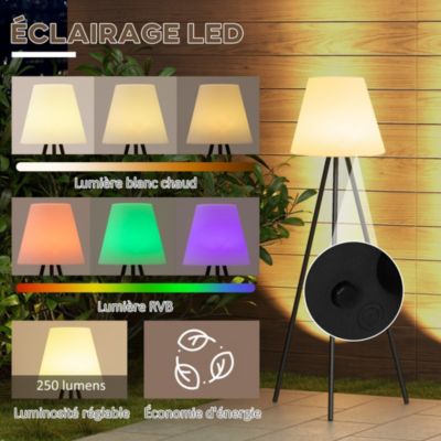 Lampadaire extérieur solaire LED trepied sans fil rechargeable USB réglable alu noir PE blanc