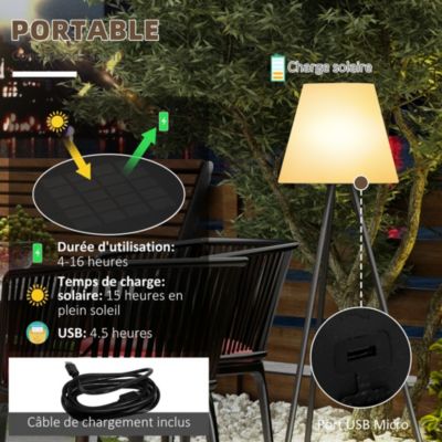 Lampe Solaire Extérieure Trépied Outsunny 2 En 1 Avec Abat-jour Rotin Et Étagère Plantes - Éclairage Jardin Rechargeable USB