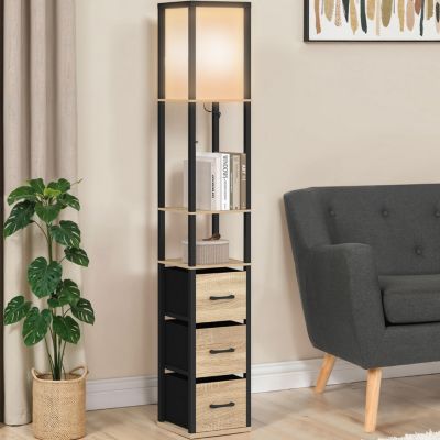 Lampadaire industriel en bois noir avec étagères bois clair 3 tiroirs tissu UTAH et abat-jour carré blanc