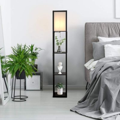 VASAGLE Lampadaire Sur Pied, Avec 3 Étagères, Lampe Sur Pied, Ampoule LED Incluse, Avec Interrupteur, Abat-Jour En Tissu, Noir D'Encre | Leroy Merlin