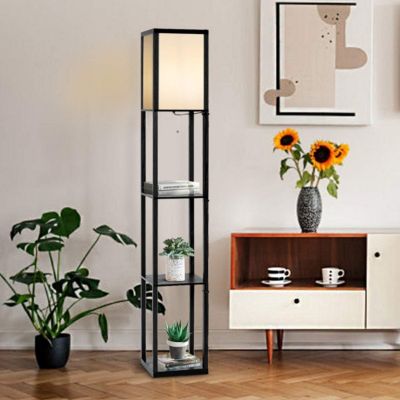 Lampadaire Interieur avec Tablettes de Rangement a 3 Niveaux Lampe sur Pied Abat jour en Tissu Ampoule E27 60W NON Inclue