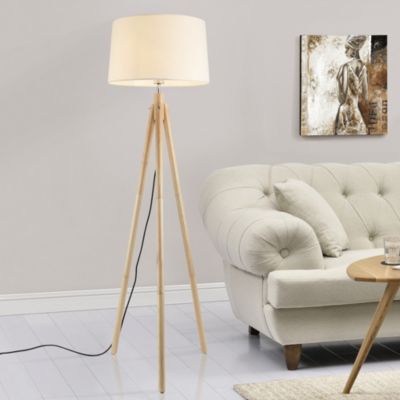 Lampadaire Lampe à Pied Avec Abat-jour Bois Métal Tissu Effet Bois Et Blanc 153 Cm lux.pro