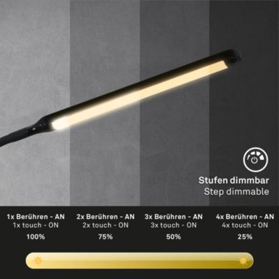Lampadaire LED orientable avec variateur tactile  IP20  1265x210x660mm  3.000K  65W / 600lm  noir  mémoire incluse