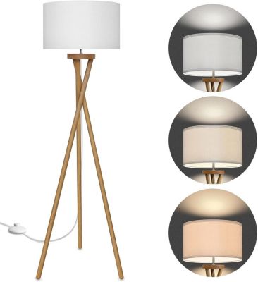 HOFSTEIN Lampadaire Bohème Sabadim – Pied En Bois Naturel, Abat-jour Papier Tressé Beige 45 Cm, Style Scandinave Chic, 154 Cm, Interrupteur à Pied – Parfait Salon, Chambre Ou Salle à Manger