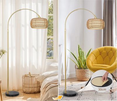 Lampe De Salon Sur Pied Rayofly Lampadaire Arc Doré Avec Abat-jour Rotin - Télécommande Et App, Variateur Lumière LED Pour Salon Lampe Pied Abat Jour Rotin