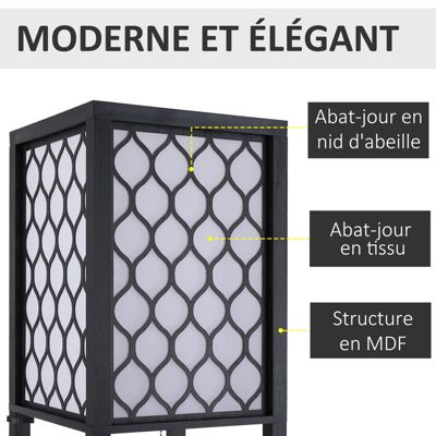Lampadaire étagère lampe étagère 26L x 26l x 160H cm 3 étagères 4 niveaux MDF noir motif nid d'abeille