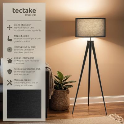 Lampadaire trépied en acier, 60 W noir