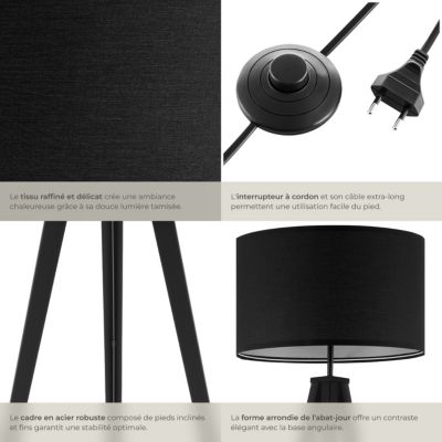 Lampadaire trépied en acier, 60 W noir
