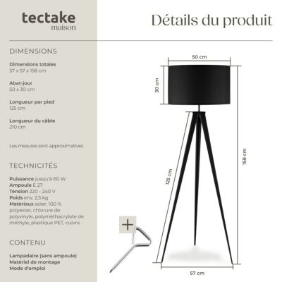 Lampadaire trépied en acier, 60 W noir