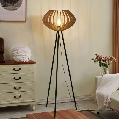 Lampadaire trépied en bois METTE abat-jour industriel style bohème moderne avec interrupteur au pied pour salon E27