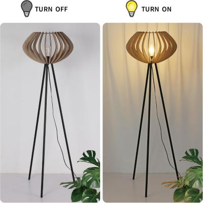 Lampadaire trépied en bois METTE abat-jour industriel style bohème moderne avec interrupteur au pied pour salon E27
