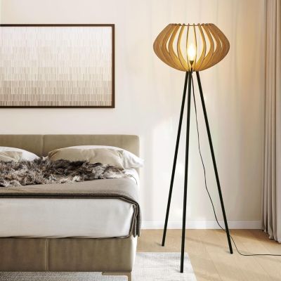Lampadaire trépied en bois METTE abat-jour industriel style bohème moderne avec interrupteur au pied pour salon E27