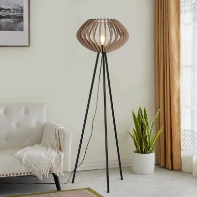 Lampadaire trépied en bois METTE abat-jour industriel style bohème moderne avec interrupteur au pied pour salon E27