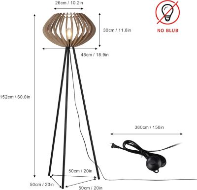 Lampadaire trépied en bois METTE abat-jour industriel style bohème moderne avec interrupteur au pied pour salon E27