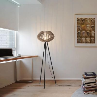 Lampadaire trépied en bois METTE abat-jour industriel style bohème moderne avec interrupteur au pied pour salon E27