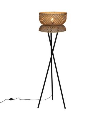 Lampadaire Trépied  en métal Noir et Abat-jour en Bambou H 145 cm