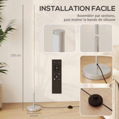 Lampadaire tube LED droit dimmable réglable 18W H.150cm avec télécommande acier gris