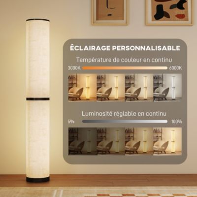 Lampadaire tube LED droit dimmable réglable 30W H.135cm avec télécommande acier lin beige
