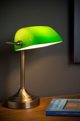 Lampe à poser Banker pied en métal effet bronze, abat-jour en verre vert IP20 E14 H.30cm Lucide