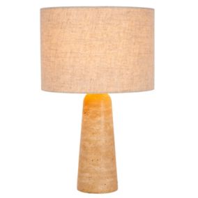 Lampe à poser Nimue pied en travertin, abat-jour lin beige taupe IP20 E27 40W H.47,5cm Lucide