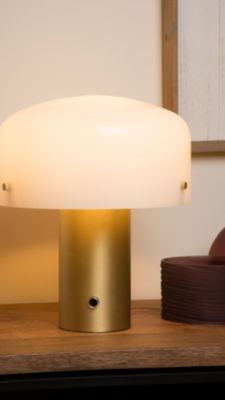 Lampe à poser Timon pied acier doré, abat-jour verre blanc opalin IP20 E27 25W Ø27 x H.35 cm Lucide