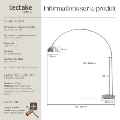 Lampe arquée sur pied style rétro des années 70 Nickel mat