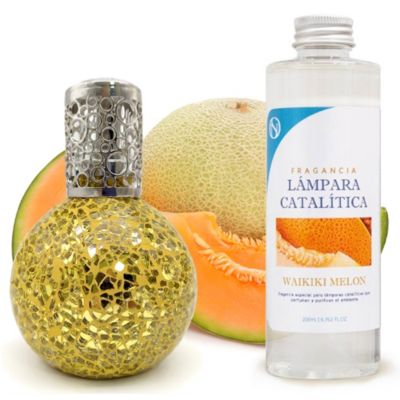Lampe catalytique Mosaïque Doré + Arôme Waikiki Melon 200 ml - Élimine mauvaises odeurs, parfume et améliore la qualité de l'air