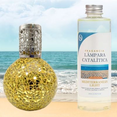 Lampe catalytique Mosaïque Doré + Parfum Mediterranean Light 200 ml. Élimine mauvaises odeurs, parfume et améliore qualité de air