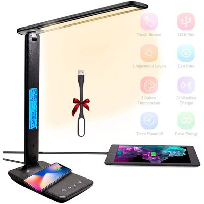 Lampe de bureau LED Dimmable 3 Modes 3 Niveaux de luminosité Affichage LCDFonction de Charge sans fil Protection des Yeux