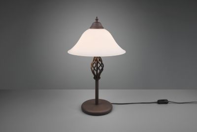 Lampe de table 2xE14 max 40W, Métal rouille & Verre blanc, Interrupteur à cordon - Trio - Rustica