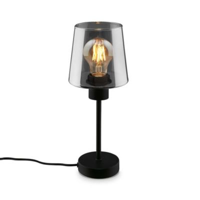Lampe de table E27 140x355mm ronde max 10W lumière blanche chaude interrupteur câble verre fumé noire lampe déco