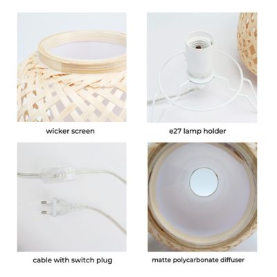 Lampe de Table en Osier E27  Style Vintage et Chaleureux avec Abatjour Fait Main et Diffuseur en Polycarbonate Transpare