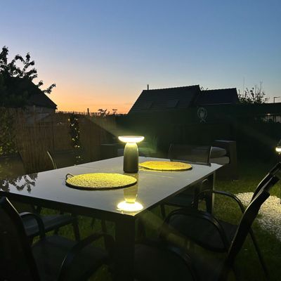 Lampe de table extérieur solaire Halo Lumihome noir IP44 25/130/250lm blanc neutre L.22,5 x l.16,5 x 22,5 cm noir