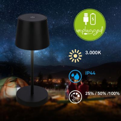 Lampe de table LED rechargeable - IP44 - avec batterie 24h - Touch dimmer 3 niveaux - USB - Noir - 3.000K - Briloner