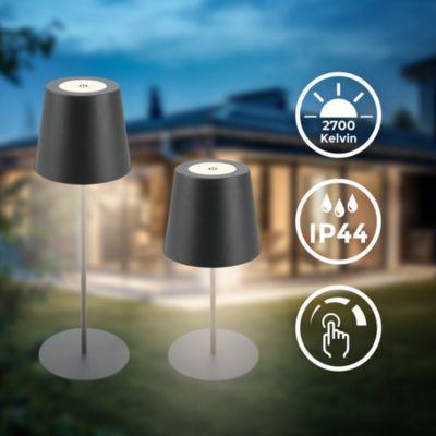 Lampe de table LED sans fil - rechargeable - dimmer tactile 3 niveaux - 2,5W 200lm - 2700K - IP44 - anthracite - B.K.Licht
