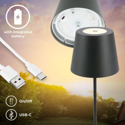 Lampe de table LED sans fil - rechargeable - dimmer tactile 3 niveaux - 2,5W 200lm - 2700K - IP44 - anthracite - B.K.Licht