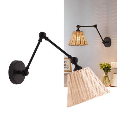Lampe murale avec bras extensible et abat-jour en rotin style rustique E27 'Raul' - Chandeliers en osier vintage, pliable et