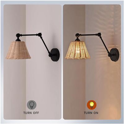 Lampe murale avec bras extensible et abat-jour en rotin style rustique E27 'Raul' - Chandeliers en osier vintage, pliable et